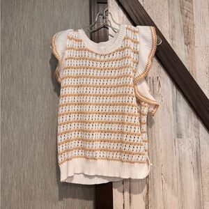 SHEIN White and Mustard Striped Knit Ruffle Sleeve Tank